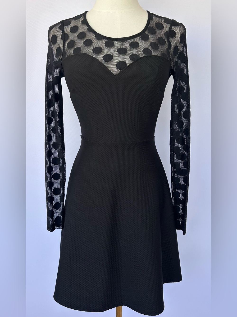 Lulus Women’s In Hot Dot-ter Skater Cocktail Dress Mesh Yoke Sweetheart Neck XS